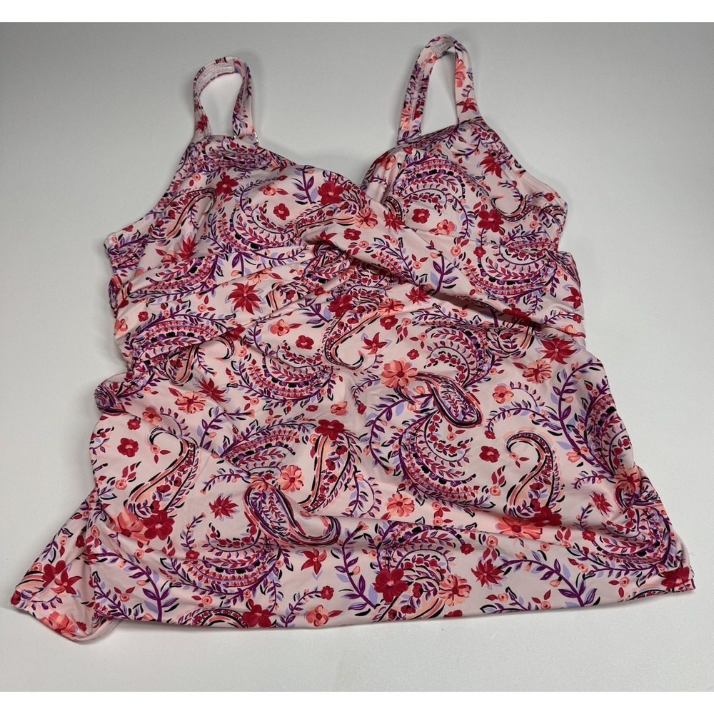 Lands End Pink Paisley Twist Front Tankini Swim Top 18W DD
